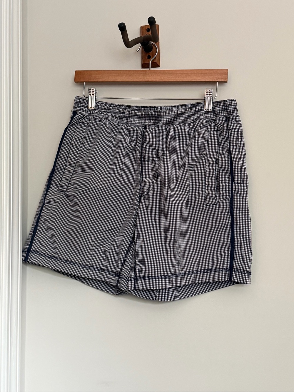 lululemon athletica Navy and White Gingham Shorts with Side Stripe